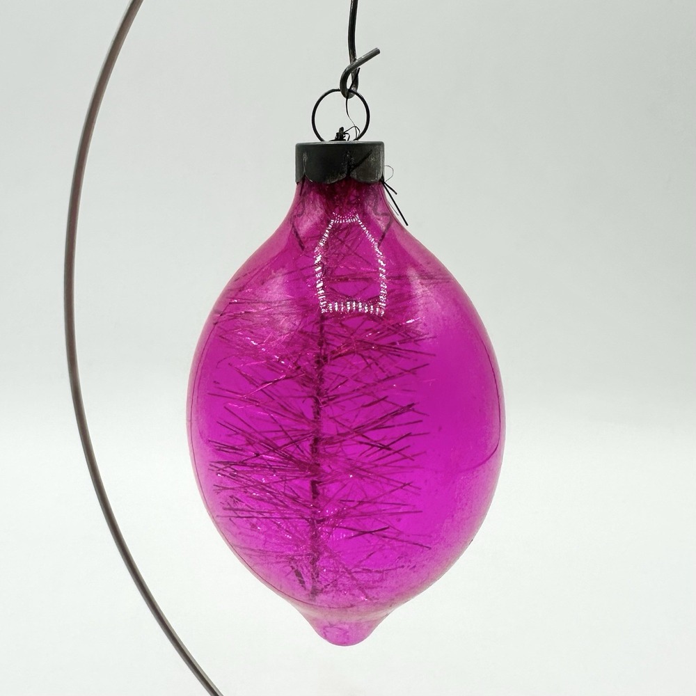 Vintage USA Hot Pink Glass Tinsel Teardrop Christmas Ornament Made In US of A
